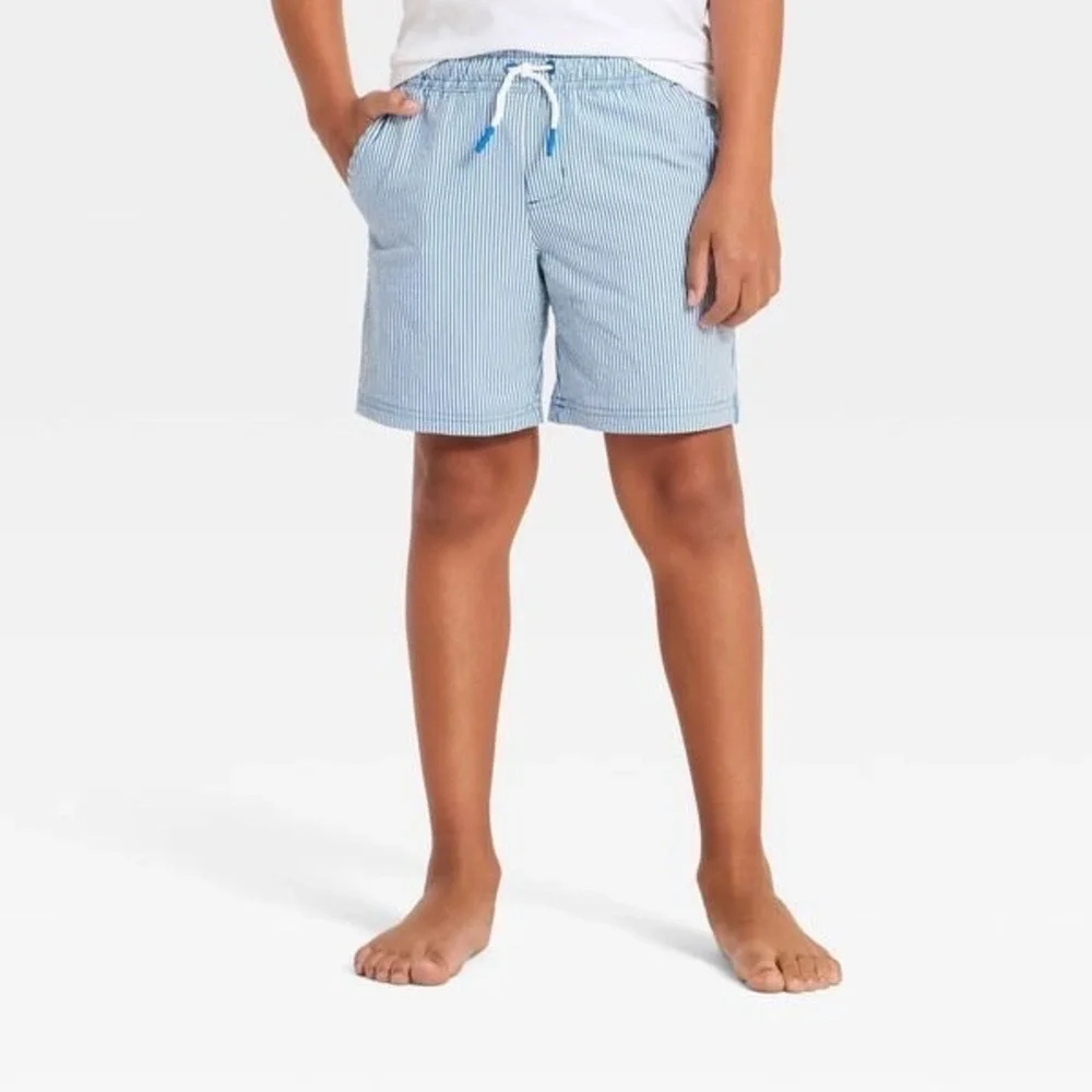 Cat & Jack Boys Blue White Seersucker Stripe Swim Trunks Size L 10/12 Drawstring